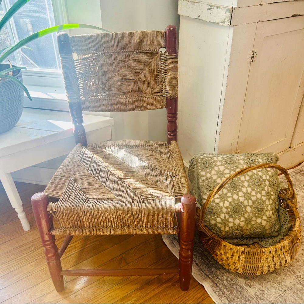 Vintage Woven Chair with Red Accents